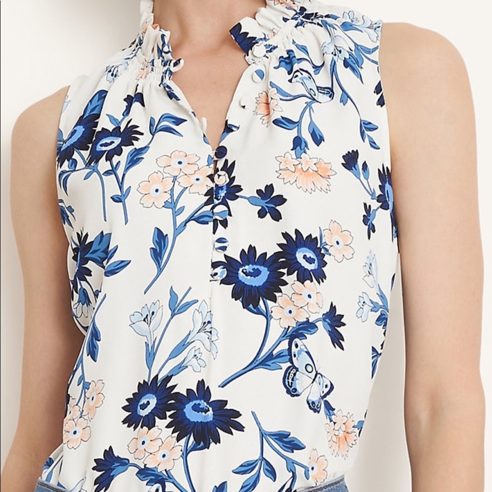 Ann Taylor White Floral Sleeveless Blouse with Blue & Peach Print